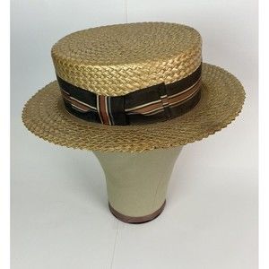 Vintage Straw Boater Hat Pedigree Fifth Avenue Braided With Ribbon